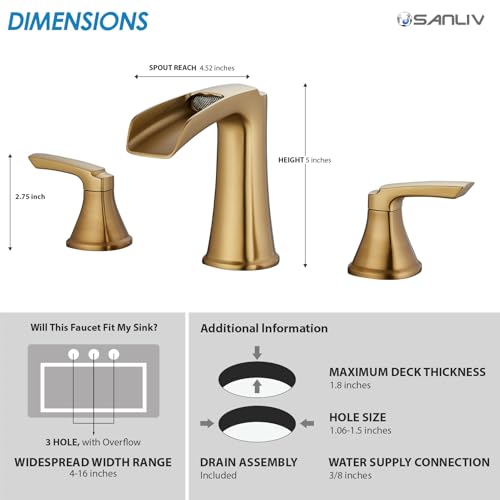 Brushed Gold Waterfall Bathroom Faucet, Sanliv 3-Piece Widespread Bathroom Sink Faucets, 2-Handle Vanity Faucet for 3-Hole Sinks 4-8 Inch with Pop-Up Drain, Brushed Gold - color: Brushed Gold