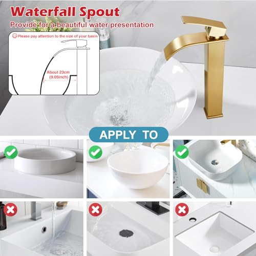 Midanya Waterfall Tall Bathroom Vessel Sink Faucet,Brushed Gold | with 24” cUPC Water Hoses,Pop Up Drain without Overflow,for 1 hole Vanity,RV,Lavatory,Bowl,Farmhouse,SUS304,Single Handle - color: Gold