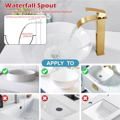 Midanya Waterfall Tall Bathroom Vessel Sink Faucet,Brushed Gold | with 24” cUPC Water Hoses,Pop Up Drain without Overflow,for 1 hole Vanity,RV,Lavatory,Bowl,Farmhouse,SUS304,Single Handle - color: Gold