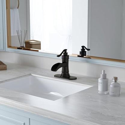 BWE Brass Matte Black Waterfall Bathroom Faucet for Farmhouse & Classic | Wide Waterfall Spout, Ceramic Cartridge, Fits 1 or 3-Hole Sink, Single Handle, Handware Included, Easy Install - color: Black