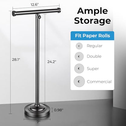 28" H Pivoting Toilet Paper Holder, 3.5lbs Extra-Weighted Base, No Tipping Rustproof, Taller Version, Free Standing Bathroom Floor Tissue Stand with Storage for up to 8 Rolls, Matte Black