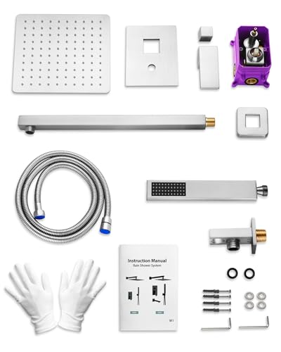 10" Shower System, Wall Mount Shower Faucet Set, Brushed Nickel | Pressure-Balance Rough-In Valve Included, High Flow Square Rainhead, Stainless Steel Fixture for Bath Remodels - color: Brushed Nickel