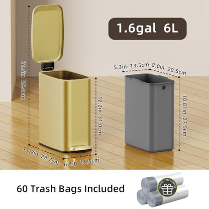 KSSKSS Small Bathroom Trash Can with Lid Soft Close, Step Pedal, 6L / 1.6 Gal Stainless Steel Garbage Bin with Removable Inner Bucket, Slim Wastebasket for Narrow Spaces (Gold) - color: Gold-p