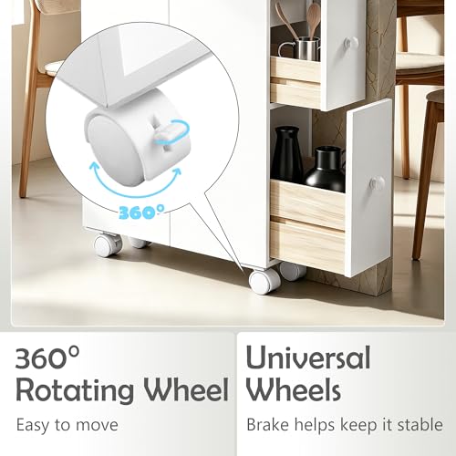 Jerry & Maggie Bathroom Storage Cabinet Movable freestanding Toilet Organizer with Multi Tier Shelves Drawers and Toilet Paper Rack Space Saver for Home Bathroom or Living Room Storage