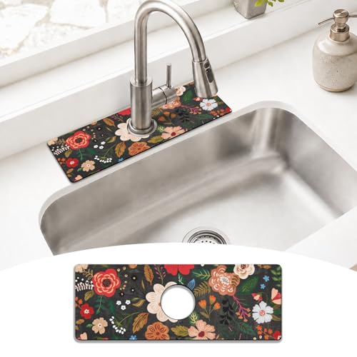 Boho Black Flowers Kitchen Sink Splash Guard Faucet Mat,Faucet Non-Slip Absorbent Mat,Farmhouse Sink Splash Guard Behind Faucet for Kitchen Bathroom, 15"x5.5" - color: Drying Faucet Mat 4
