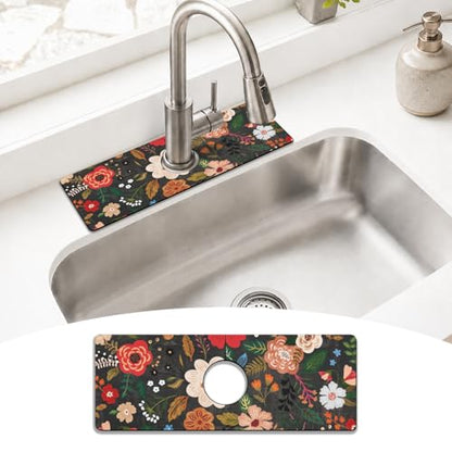 Boho Black Flowers Kitchen Sink Splash Guard Faucet Mat,Faucet Non-Slip Absorbent Mat,Farmhouse Sink Splash Guard Behind Faucet for Kitchen Bathroom, 15"x5.5" - color: Drying Faucet Mat 4