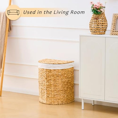 Half Round Wicker Laundry Hamper with Lid and 2 Removable Liner Bags, Handwoven Natural Water Hyacinth Laundry Basket for Dirty Clothes, Natural - color: Natural, size: 90L