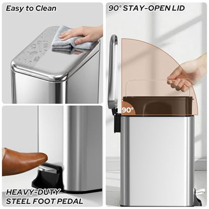 Small Bathroom Trash Can w/Lid Soft Close, 6 Liter/1.6 Gallon Stainless Steel Garbage Can w/Inner Bucket, Trash Bin Waste Basket for Kitchen, Bedroom, Living Room, Office, Toilet, Silver - color: Silver