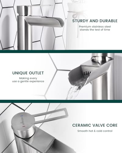APPASO Brushed Nickel Waterfall Bathroom Sink Faucet for 1-3 Hole Sinks | One Hole Bathroom Faucets with Pop Up Drain Assembly and Deck Plate, Stainless Steel to Fit Vanity Lavatory Laundry Sinks - color: Brushed Nickel-1