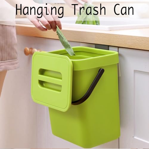 LALASTAR Small Plastic Trash Can, Hanging Small Trash Can with Lid Under Sink for Kitchen, Food Waste Bin for Countertop, Mountable Garbage Can for Bathroom, RV, 5L/1.3 Gal, Green - color: Green