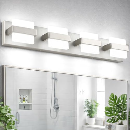 SOLFART Brushed-Nickel Bathroom Light Fixtures, 4 Lights Bathroom Vanity Light LED Vanity Lights Brushed-Nickel Vanity Lighting, Dimmable - color: Upgraded Brushed Nickel-6000K,100%-0% Dimmble Brightness, size: 4- Light,27Inch