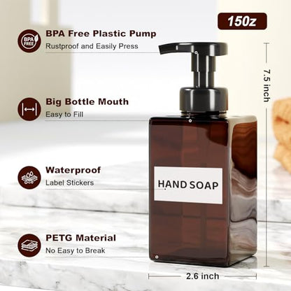 Kzeirm Amber Foaming Soap Dispenser, Refillable Foam Hand Soap Dispenser, Set of 2 Empty Foamer Pump Bottle, Brown Foaming Dispenser Bottles with Black Pump - color: Amber