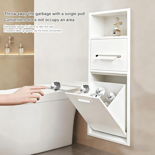 Stainless Steel Recessed Shower Nich with Built-in Trash Can(25.4X11.2IN) | Waterproof Bathroom Niche Built-In Alcove Toilet Paper Toiletries Storage Rack for Living Room Bedroom Hotel Residential - color: White