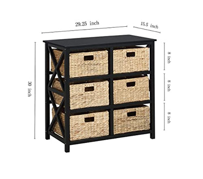 3 Tier X-Side End Storage Cabinet, Black | 6 Wicker Baskets - color: Black, size: 15.5"D x 29.3"W x 30"H (6 Drawers)