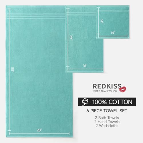 REDKISS Teal Towels Set 6 Piece Cotton Towel Sets with 2 Bath Towels, 2 Hand, 2 Washcloths, 650GSM Hotel Quality, Soft, Highly Absorbent Towels for Bathroom Gym, Ideal Everyday Use - color: Turquoise