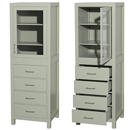 Wyndham Collection Sheffield 24 Inch Linen Tower in Light Green with Shelved Cabinet Storage and 4 Drawers