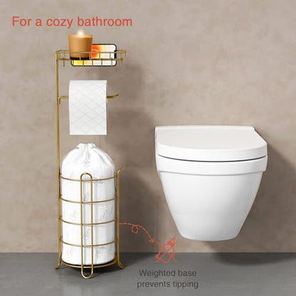 Goozii Gold Free Standing Toilet Paper Holder Stand with Phone Shelf, Floor Bathroom Tissue Holder for Large Mega Rolls, Metal Freestanding Toilet Paper Roll Holder with Wipes Storage Tray - color: Gold
