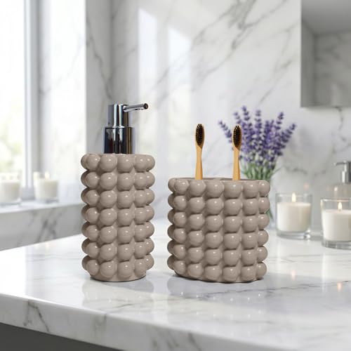 Better Trends 2-Piece Bathroom Accessory Set 400mL Refillable Soap Dispenser with Rustproof Pump 2-Slot Toothbrush for Vanity, Sink & Countertop Organization Beige Nova Collection - color: Beige