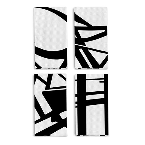 Abstract Black and White Kitchen Dish Towels Set of 4 - Mid Century Modern Black and White Decorative Hand Towels for Bathroom Kitchen, Modern Home Decor, 16x24 Inches - color: Abstract Black and White