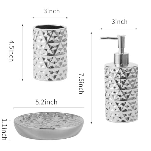 Silver Bathroom Accessories Set 3 PCS, Dispenser, Soap Dish and Vase | Diamond Ceramic Bathroom Accessory Complete Set - Lotion Dispenser, Soap Dish,Vase for Countertop Vanity - color: Silver