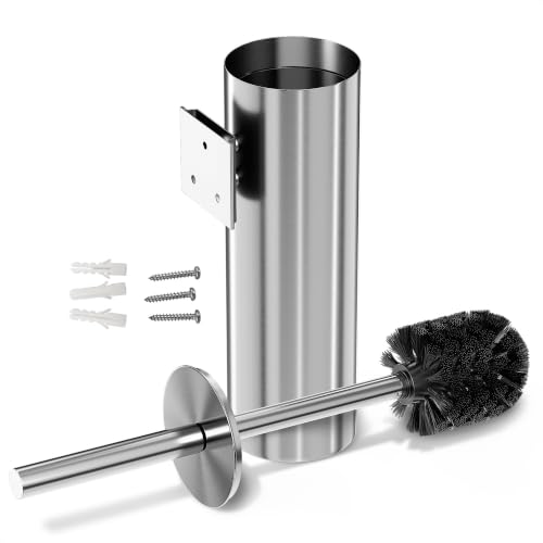 Wall Mounted Toilet Brush and Holder Set, Stainless Steel (Silver) | Stainless Steel Toilet Brush and Holder Set, Removable Inner Bowl, Dense Bristles, Rustproof, for Modern Bathroom Walls - color: Silver Wall-mounted