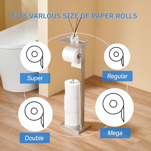 Freestanding Toilet Paper Holder for Bathroom – Brushed Stainless Steel Square Tissue Dispenser with Storage Tray & Roll Organizer - color: Brushed