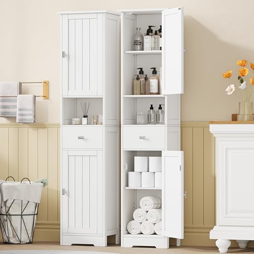 Akxomel 67" H Narrow Tall Bathroom Cabinet with 2 Doors and Storage Drawer | Floor Cabinet with Adjustable Shelves, Anti-Tip Design, 11.0 x 12.6 x 66.9 Inches, for Bathroom, Kitchen，Entryway, White