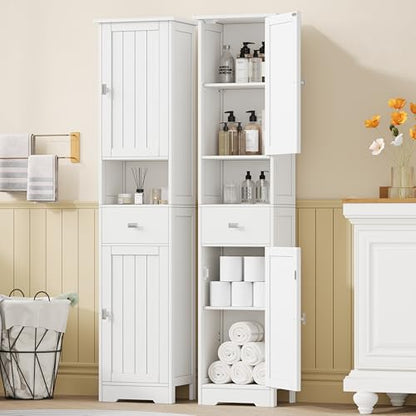 Akxomel 67" H Narrow Tall Bathroom Cabinet with 2 Doors and Storage Drawer | Floor Cabinet with Adjustable Shelves, Anti-Tip Design, 11.0 x 12.6 x 66.9 Inches, for Bathroom, Kitchen，Entryway, White