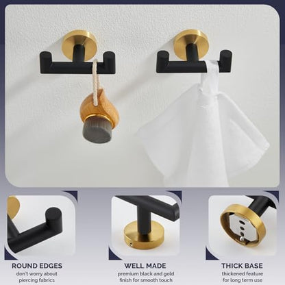 Angle Simple Double Towel Hooks, Bathroom Robe Coat Hook 2 Pack, Black Gold | Solid Stainless Steel, Heavy Duty Dual Holder for Shower Closet Kitchen Living room Entryway, Screws Wall Mounted - color: Black & Gold, size: 2 Pack