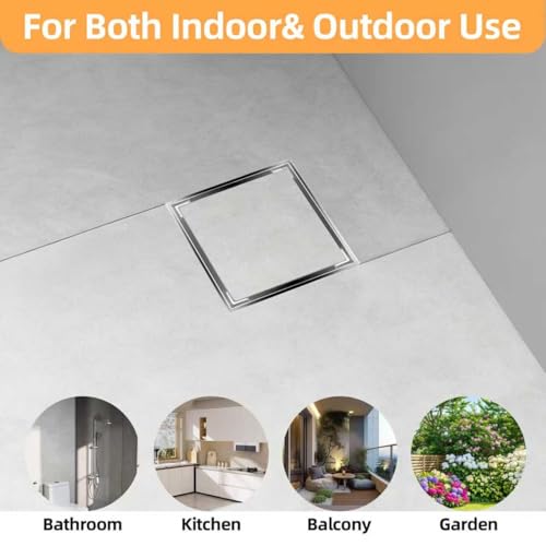 4-Inch Square Shower Drain Kit, Tile Insert Grate & Bonding Flange | Brushed 304 stainless steel tile insert cover with hair strainer; fits 2- and 3-inch pipes for tiled floors and wet areas - size: 6in Tile Insert - Brushed Steel