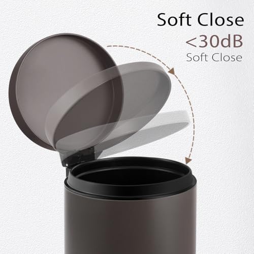 TIPGO Small Bathroom Trash Can with Lid Soft Close, 1.2 Gal, Brown | Hands-Free Step Pedal, Removable Inner Bucket, 4.5 Liters, Round Stainless Steel Garbage Can for Bedroom, Office, Kitchen - color: Brown