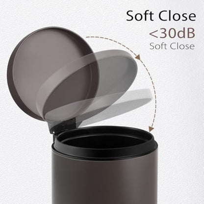 TIPGO Small Bathroom Trash Can with Lid Soft Close, 1.2 Gal, Brown | Hands-Free Step Pedal, Removable Inner Bucket, 4.5 Liters, Round Stainless Steel Garbage Can for Bedroom, Office, Kitchen - color: Brown