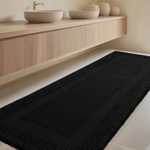 IM HOME Extra Large Waffle Bath Mat, Boho Bathroom Rugs Absorbent Non Slip, Soft Bathroom Mats, Machine Washable Knit Bath Rugs with Tassels for Bathroom, Bedroom, Kitchen, Shower, Tub, Black, 6'x2' - color: Black-looped, size: 2' x 6' (Runner)