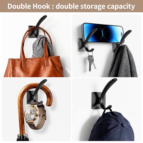 Self Adhesive Towel Hooks, Matte Black Metal Hooks,Waterproof Stainless Steel Hanger Coat Hooks for Hanging Coat,Towels, Bath Robe in Bathroom Kitchen Home - size: 4 Pack-Square Double Hook