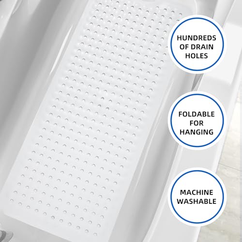 MOONFLY Shower and Bathtub Mat,40x16 Inches,Extra Long Non Slip Mats with Suction Cups and Drain Holes, Machine Washable and Anti Slip Bathmats, Bathroom Mats for Tub Nonslip (White) - color: White