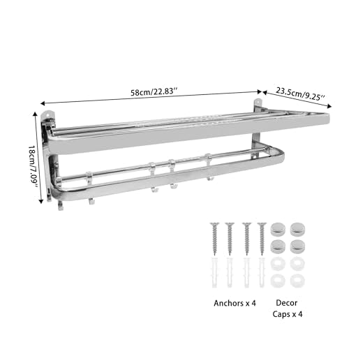 Foldable Towel Rack,Towel Hanger Towel Shelf with Double Towel Bars and Movable Hooks for Bathroom Lavatory,TTZEZE SUS304 Rustproof Modern Brushed Finish Towel Holder Wall Mount Silver (58cm/22.83'') - size: 58cm/22.83''