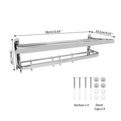 Foldable Towel Rack,Towel Hanger Towel Shelf with Double Towel Bars and Movable Hooks for Bathroom Lavatory,TTZEZE SUS304 Rustproof Modern Brushed Finish Towel Holder Wall Mount Silver (58cm/22.83'') - size: 58cm/22.83''