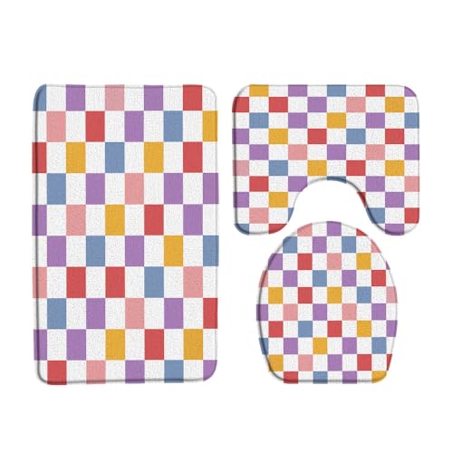 3PCS Colorful Checkered Bath Mat Set Retro Multicolored Geometric Checkboard Rainbow Modern Minimalist Memory Foam Bathroom Kitchen Toilet Decor Floor Rugs 15.7Wx23.6H Toilet Lid Cover and U-Shaped - color: Multicolored, size: 3PCS-23.6x15.7/40x60cm
