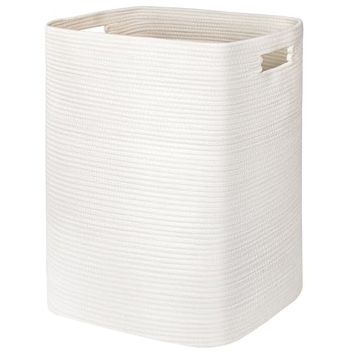 Large Laundry Hamper 16"x13"x22" - Tall Woven Laundry Basket, Cotton Rope Dirty Clothes Hamper, Baby Kids Nursery Wicker Laundry Basket, Bedroom Aesthetic, Soft Laundry Bin, White Hamper, 75L - color: White