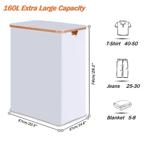 efluky Laundry Hamper with Lid, Trio Laundry Basket with 2 Removable Bags, 3 Section Laundry Bin with Bamboo Handles for Bathroom, Bedroom & Laundry Room, 160L (42.3 Gallon) White - color: White, size: 160L Trio