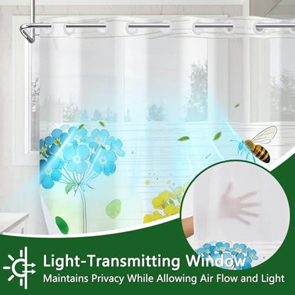 Waterproof Floral No Hook Shower Curtain and Liner Set, Double-Layer Spring Shower Curtains for Bathroom, Farmhouse Shower Curtain with Metal Weights and Breathable Vent Window, 71x74 Inches - color: Breeze and Blossoms