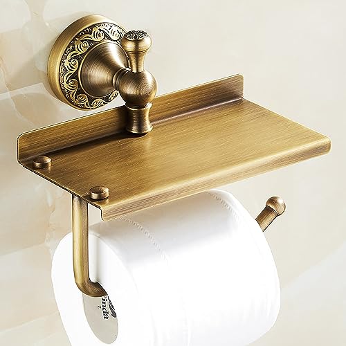 Toilet Paper Holder with Phone Shelf, Bathroom Toilet Paper Roll Holder Antique Bronze Brass Wall Mounted Bathroom Hardware Accessories,Pattern Carving Design