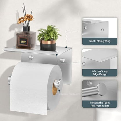 FORIOUS Toilet Paper Holder with Shelf, Adhesive or Screw, Commercial | Brushed Nickel | Wall Mount Bathroom Tissue Holder | SUS304 Stainless Steel Rustproof | Bathroom Tissue Roll Holder - color: Stainless Steel