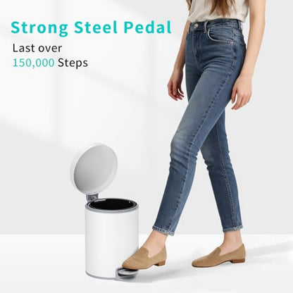 mVm Small Trash Can,1.3 Gallon/5 Lliter Step Bathroom Garbage Can with Lid and Foot Pedal,Soft-Close,Anti-Fingerprint.Round Stainless Steel Trash Can for Bathroom,Office,Living Room (Matte White) - color: White, size: 1.3Gal/5L