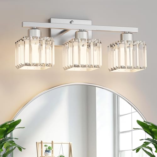 comzler 3-Light Bathroom Light Fixtures Over Mirror, Brushed Nickel Crystal Wall Sconce with E26 Base for Mirror Kitchen Living Room Bathroom, Square Crystal Shades (Bulbs Excluded) - size: Square