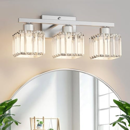 comzler 3-Light Bathroom Light Fixtures Over Mirror, Brushed Nickel Crystal Wall Sconce with E26 Base for Mirror Kitchen Living Room Bathroom, Square Crystal Shades (Bulbs Excluded) - size: Square