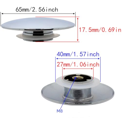2Pcs Chrome Basin Waste Easy Pop Up Bathroom Sink Drains Push Button Click Clack Plug 66mm Easy to Use