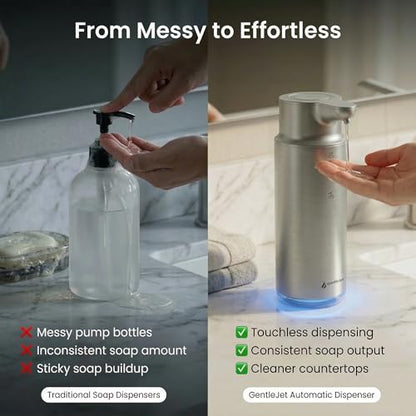 GentleJet CrystalJet Automatic Liquid Soap Dispenser Touchless Sensor, Stainless Steel, USB-C Rechargeable, Waterproof Kitchen & Bathroom Countertop Soap Dispenser, 300 ml - color: Silver