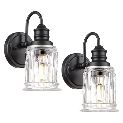 HWH Wall Sconces Set of 2, 1-Light Matte Black Bathroom Light Fixtures, Modern Single Vanity Light Wall Lamp with Bell-Shaped Clear Glass, 5HZG106B-2 BK - color: Black, size: 1-Light *2