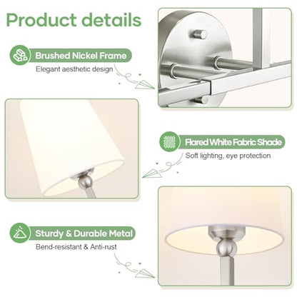 MOKATNG Bathroom Light Fixtures, 3-Light Brushed Nickel Vanity Lights, Bathroom Lighting Fixtures Over Mirror with Flared White Fabric Shade, Modern Wall Sconces for Living Room Hallway - color: Brushed Nickel & White Shade
